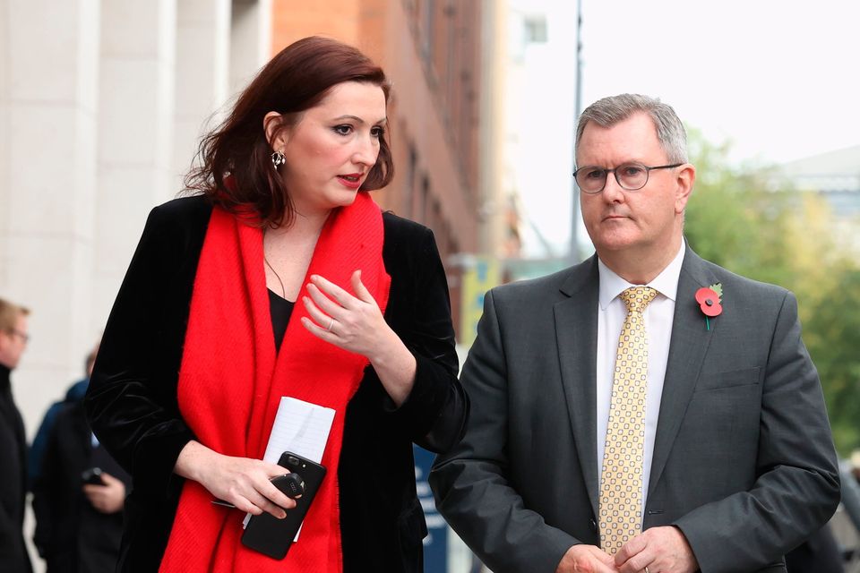 Emma Little-Pengelly and former leader of the DUP Jeffrey Donaldson outside Erskine House, in Belfast, in 2022. Photo: PA