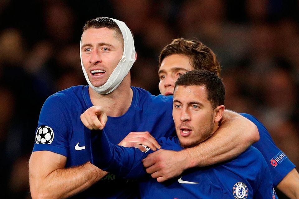 Soccer Football - Champions League - Chelsea vs AS Roma - Stamford Bridge, London, Britain - October 18, 2017   Chelsea's Eden Hazard celebrates scoring their third goal with Gary Cahill and Marcos Alonso. Action Images via Reuters/John Sibley