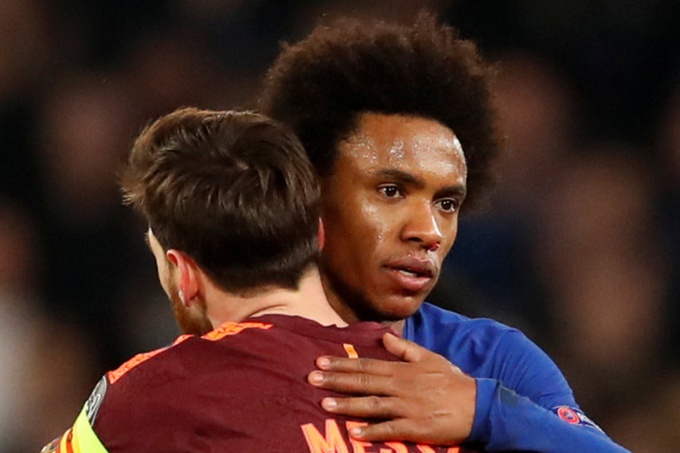 Honours even: Chelsea goalscorer Willian embraces Barcelona's marksman Lionel Messi after Tuesday night's Champions League last-16 first leg clash