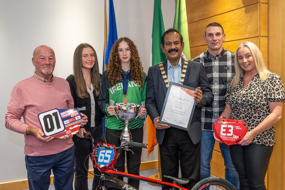 Mayor of SDCC Cllr. Baby Pereppadan with Carly Hayes and her parents Stephen and Jackie, her sister Jodie and grandad Tom at the reception