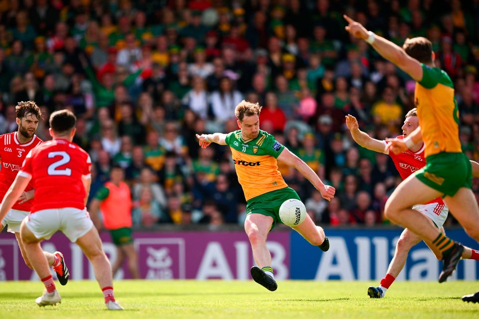 Donegal's Ciarán Thompson scores his side's second goal during their All-Ireland SFC preliminary quarter-final victory over Louth at MacCumhaill Park in Ballybofey. Photo: Ramsey Cardy/Sportsfile
