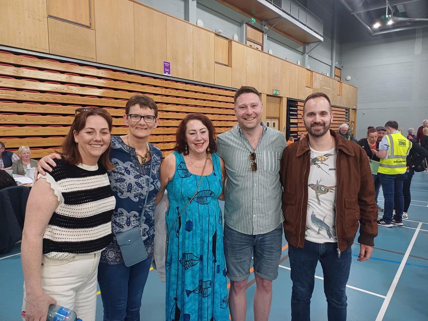 Declan Meehan with supporters at the Donegal Count Centre. 