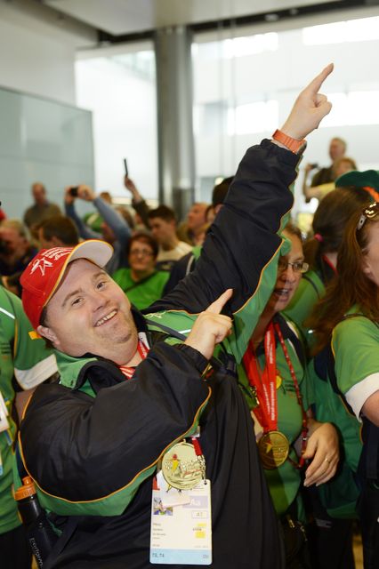 Team Ireland's gold medal winner Paul Gordon arrives home from the Special Olympics European Games. Photo: Bryan Meade. Pic. Bryan Meade