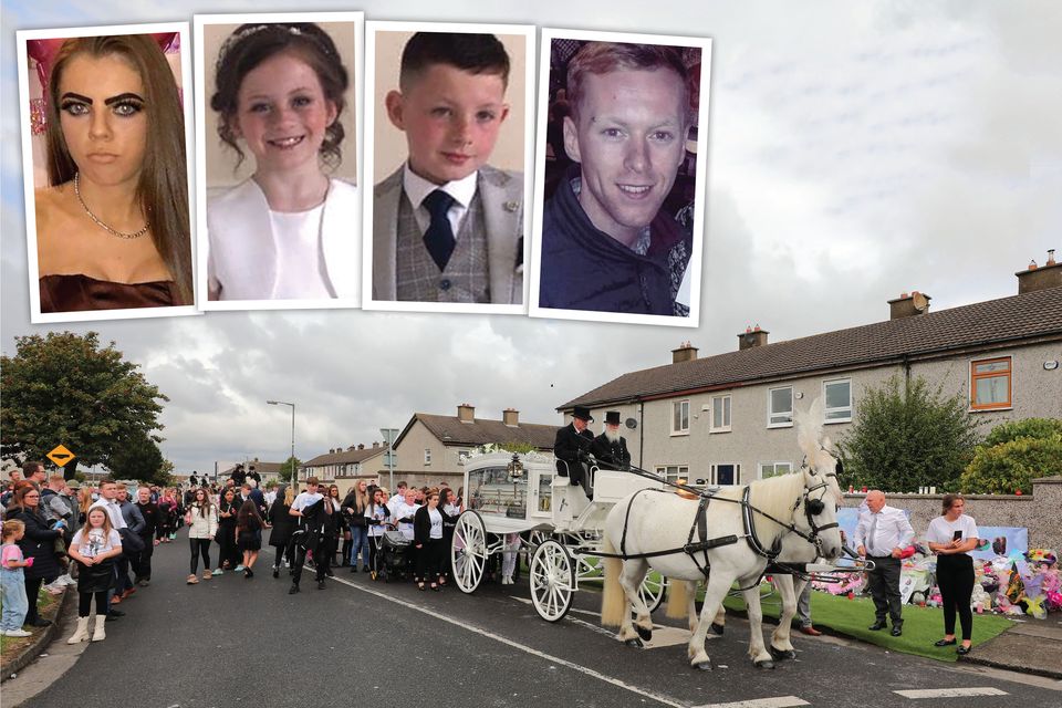 The funeral procession of Lisa Cash and Chelsea and Christy Cawley (all inset, left). Inset right: Andy Cash