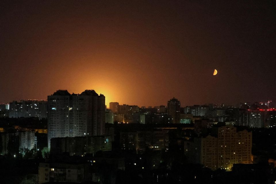 An explosion of a drone is seen in the sky over the city during a Russian drone strike, amid Russia's attack on Ukraine, in Kyiv, Ukraine May 28, 2023. REUTERS/Gleb Garanich