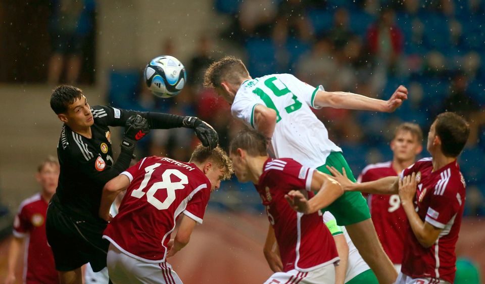 Mason Melia of Republic of Ireland heads to score his side's second goal.