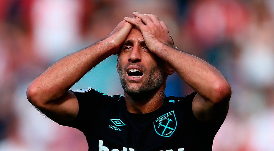 Pablo Zabaleta of West Ham United reacts to giving a penalty away   Photo: Getty