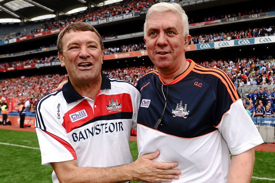 Cork manager Jimmy Barry Murphy, left, celebrates with selector Ger Cunningham at the end of the August 2013 GAA Hurling All-Ireland Senior Championship, Semi-Final, Dublin v Cork, Croke Park, Dublin (Paul Mohan / SPORTSFILE)