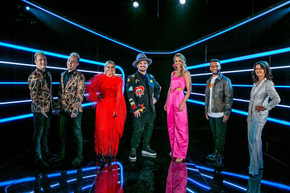 The Big Deal judges, from left, Jedward, Lyra, Boy George, presenter Vogue Williams, Aston Merrygold and Deirdre O’Kane. Photo: Kyran O’Brien