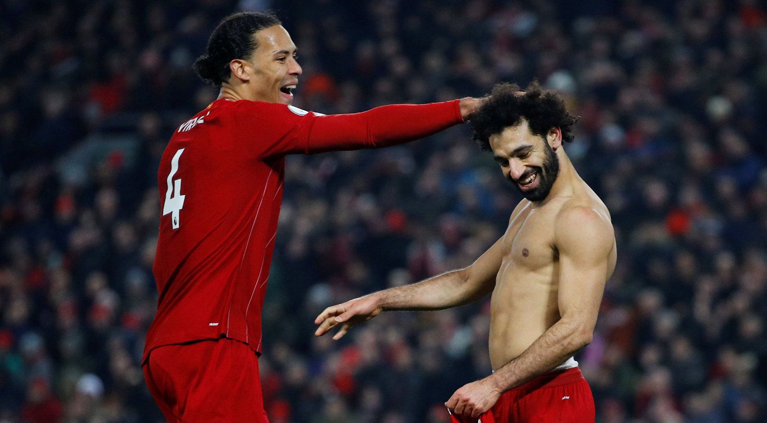 Mo Salah throws shirt into crowd as Liverpool players CELEBRATE VICTORY  over Man United 