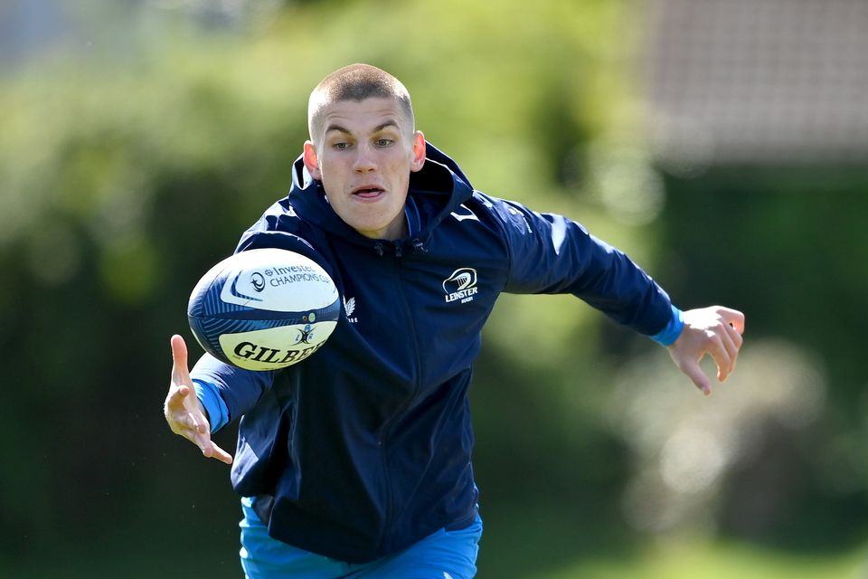 Sam Prendergast during a Leinster Rugby team training session