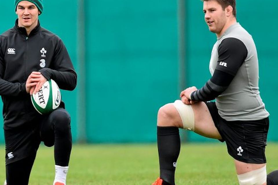 Ireland's Jonathan Sexton, left, and Sean O'Brien during a squad training session ahead of their RBS Six Nations Rugby Championship game against France