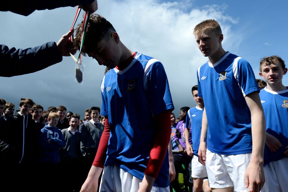 19/05/15.  Templeouge College celebrate winning  the Under 15s soccer final between Colaiste Phadraig CBS and Templeouge College at Peamount Utd.
Pic: Justin Farrelly.