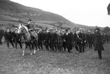 thumbnail: A mounted National Volunteer saluting the flag during a drill at Keash, County Sligo. The Irish National Volunteers objected to Irish involvement on the British side in the war against Germany.  (Photo by Central Press/Getty Images)