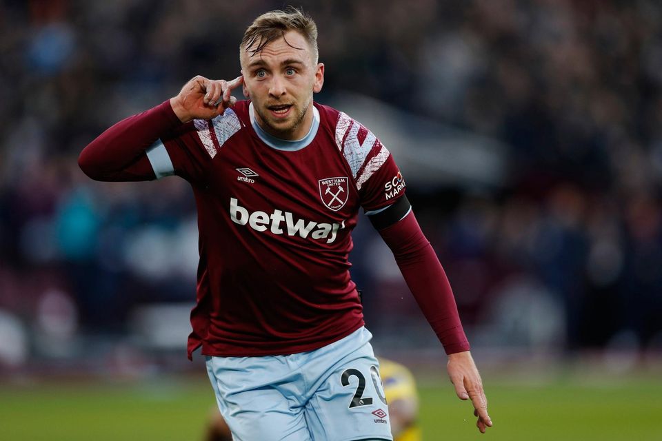 West Ham's Jarrod Bowen celebrates after scoring his side's second goal during the English Premier League soccer match between West Ham United and Everton at the London Stadium in London, Saturday, Jan. 21, 2023. (AP Photo/Steve Luciano)