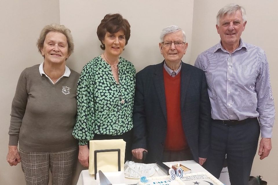 Peter Milne (founder member of the Star and Crescent B.C.) celebrating his 90th birthday with members of County Louth Bridge (Baltray) and Star and Crescent Bridge club with County Louth bridge club President Valerie Breen and Star and Crescent Bridge club President Geraldine Healy and Gate Bridge club President Dave Doherty.