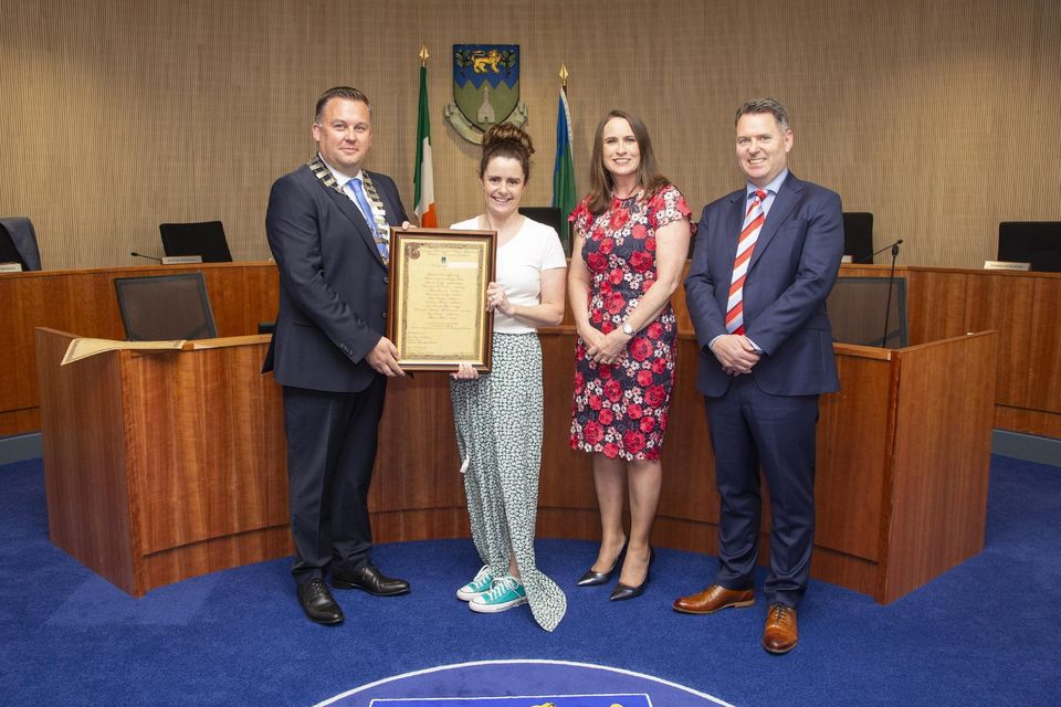 Cathaoirleach of the Wicklow Municipal District Paul O'Brien, CEO of Wicklow County Council Emer O' Gorman and Brian Gleeson present Annmarie Kenny with the Cathaoirleach's Achievements and Contributions to Sport Award at a Civic Reception in Council Buildings, Wicklow town.