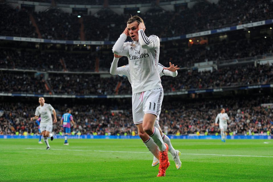 Gareth Bale of Real Madrid celebrates after scoring Real's opening goal during the La Liga match between Real Madrid CF and Levante UD