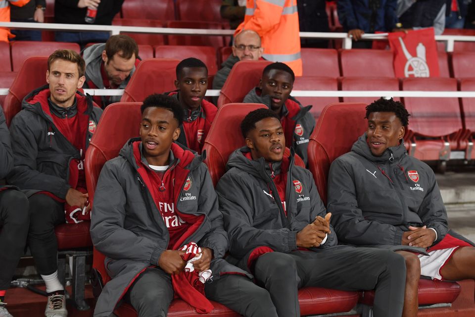 Arsenal substitutes Joe Willock, Chuba Akpom and Alex Iwobi on the bench before the Carabao Cup Third Round match between Arsenal and Doncaster Rovers at Emirates Stadium on September 19, 2017 in London, England.  (Photo by Stuart MacFarlane/Arsenal FC via Getty Images)