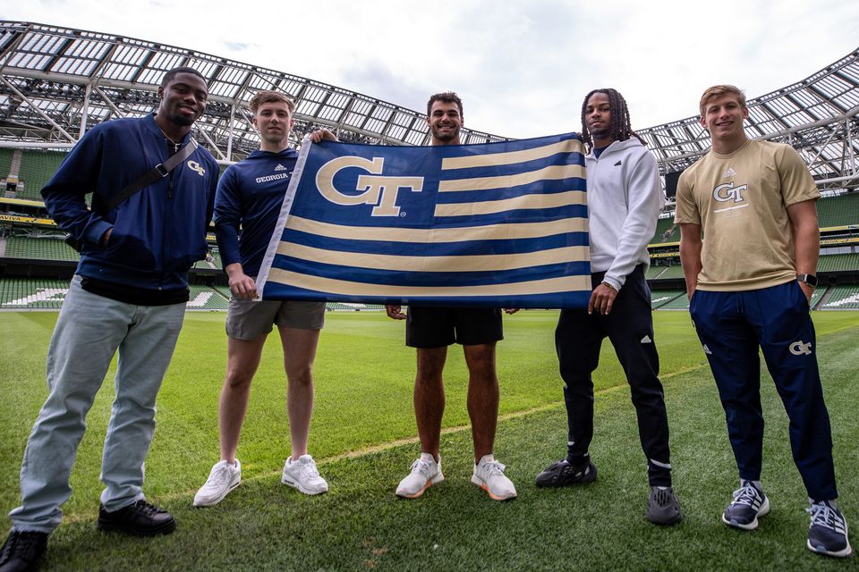 David Shanahan (second from left) and several Georgie Tech teammates at Aviva Stadium, host of the 2024 Aer Lingus College Football Classic.