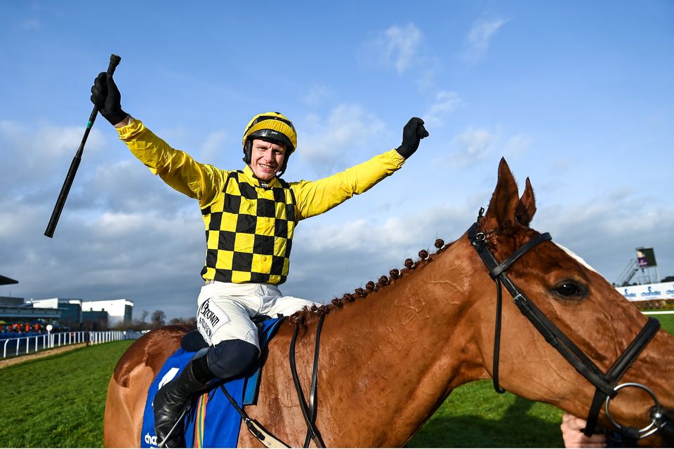 Jockey Paul Townend celebrates on State Man after winning the Irish Champion Hurdle at the Dublin Racing Festival in Leopardstown last month. Photo: David Fitzgerald/Sportsfile
