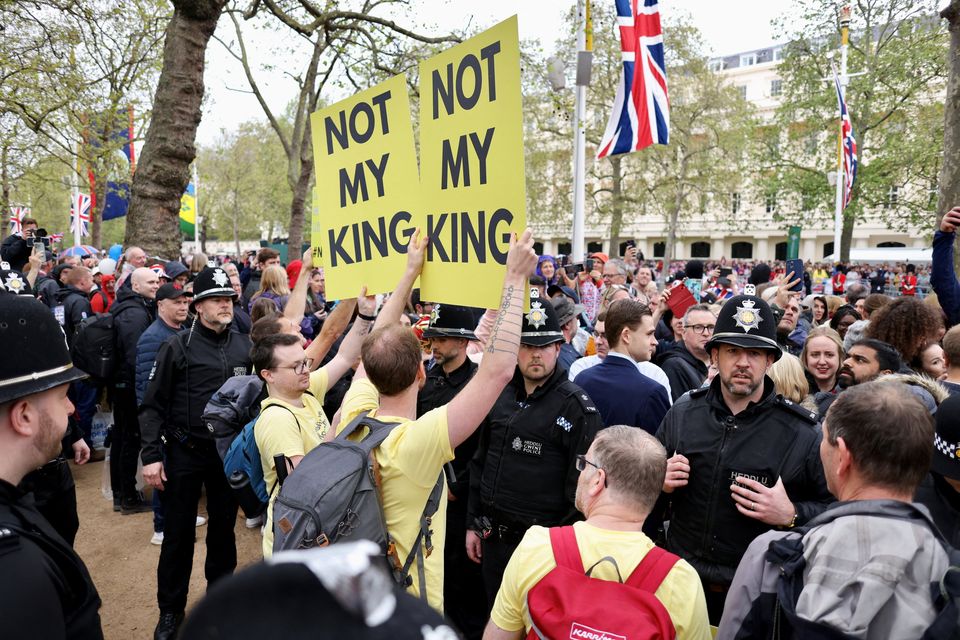 Protesters are led away by police on The Mall, shortly before the procession of the coronation of Britain's King Charles and Queen Camilla, in London, Britain May 6, 2023. REUTERS/Kevin Coombs