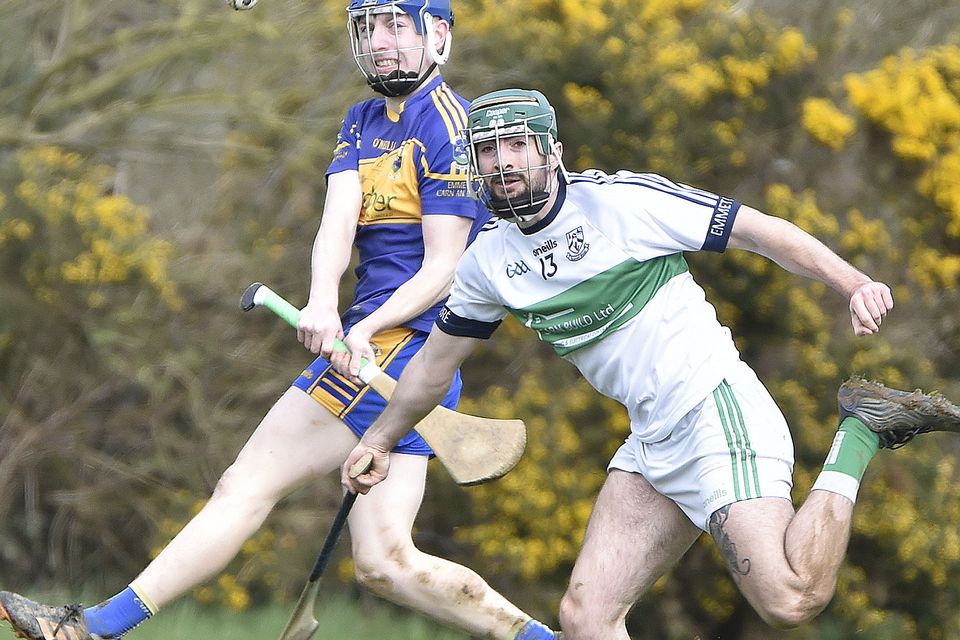 Carnew's John Young clears this ball as Jack Fitzgerald of Bray Emmets challenges.