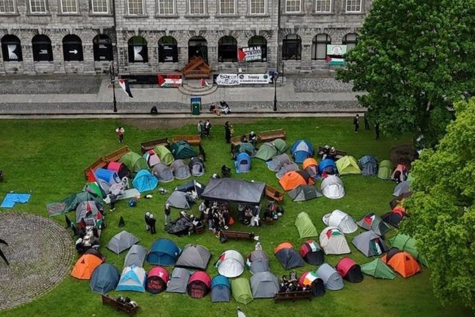 The protest camp at Trinity College Dublin. Photo: Laszlo Monarfi/X