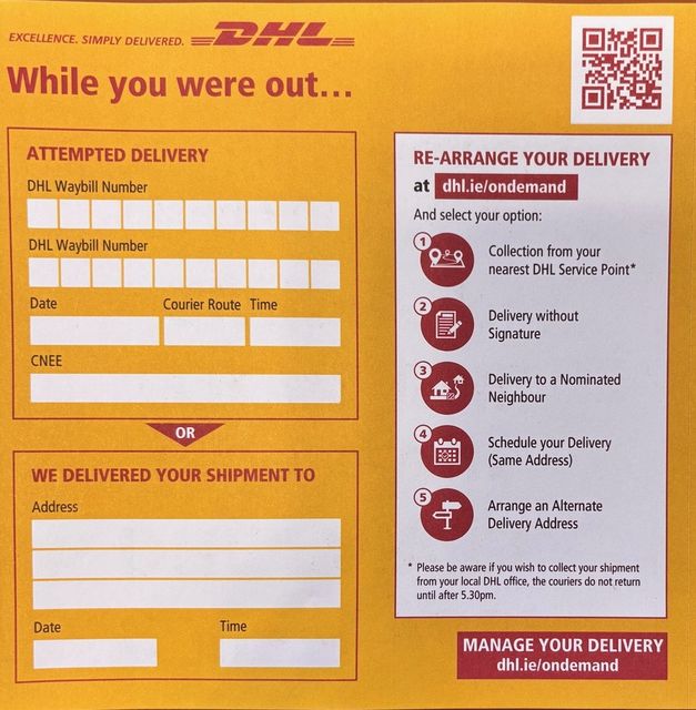 The legitimate cards DHL couriers do leave when no one is home to accept a delivery