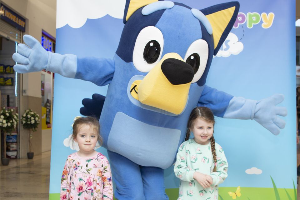 Sophia Higgins and Lucy Farrell with Bluey at the Bridgewater Shopping Centre in Arklow. Photo: Michael Kelly