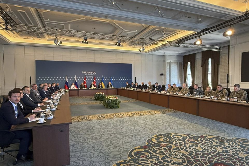 Russian and Ukrainian delegations at the Ciragan Palace (Ukrainian Ministry of Defence/AP)