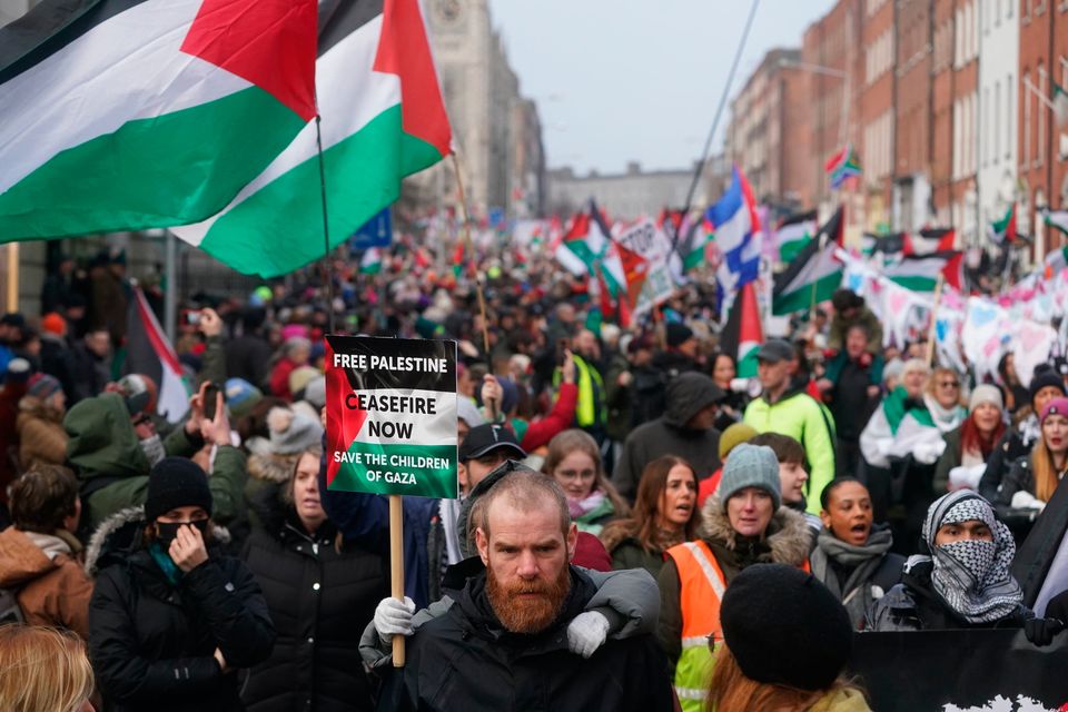 Protesters during a march for Palestine in O'Connell Street, Dublin. Photo: Brian Lawless/PA Wire