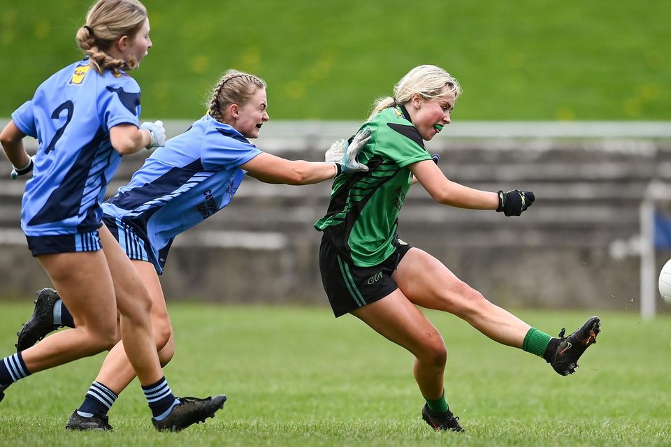 Katie Nix of Mercy Mounthawk scores her side's first goal during the Lidl All Ireland Post Primary School Senior ‘B’ Championship Final against Convent of Mercy, Roscommon at MacDonagh Park in Nenagh, Tipperary. Photo by Sportsfile