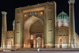 thumbnail: View of Sher-Dor Madrasah at night in Samarkand, Uzbekistan