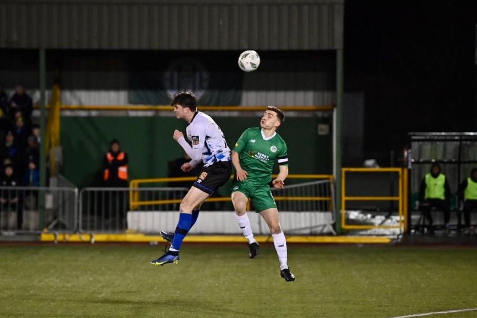 Kerry FC captain Matt Keane challenge for the ball against Athlone Town at Mounthawk Park this evening. Photo by Domnick Walsh