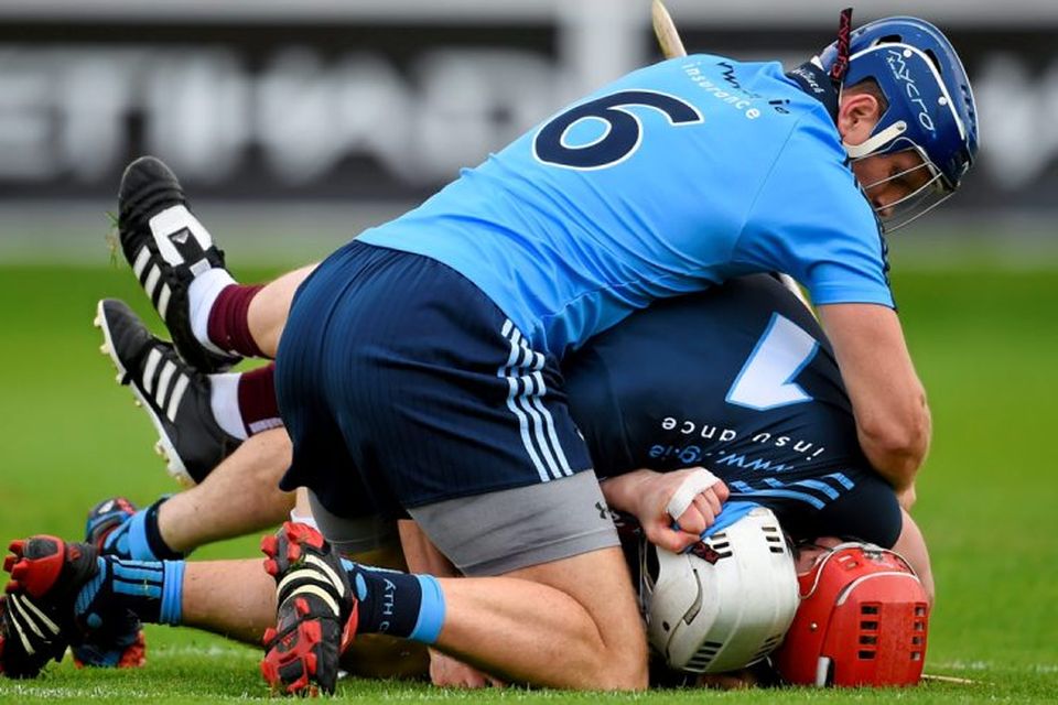 Joe Canning, Galway, tussles with Dublin goalkeeper Alan Nolan and Conal Keaney, top, after scoring his side's fourth goal during their recent victory in the Leinster SHC.