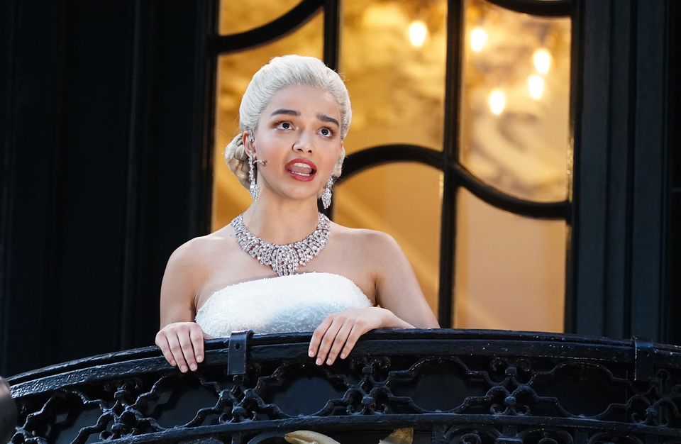 Rachel Zegler singing Don’t Cry For Me Argentina on a balcony outside the London Palladium (Ian West/PA)