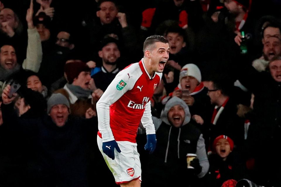 Arsenal's Granit Xhaka celebrates scoring their winner