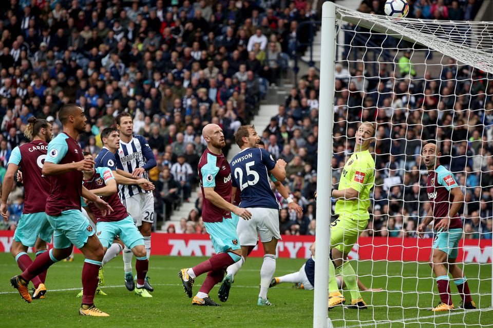 West Brom's Gareth Barry, centre left, glances a header over in their 0-0 draw against West Ham