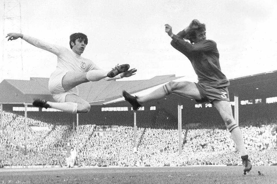 Peter Lorimer of Leeds United tries a spectacular scissor kick past Chelsea's Eddie McCready during the FA Cup Final replay at Old Trafford in April 1970. Photo: Daily Mirror/Daily Mirror/Mirrorpix via Getty Images