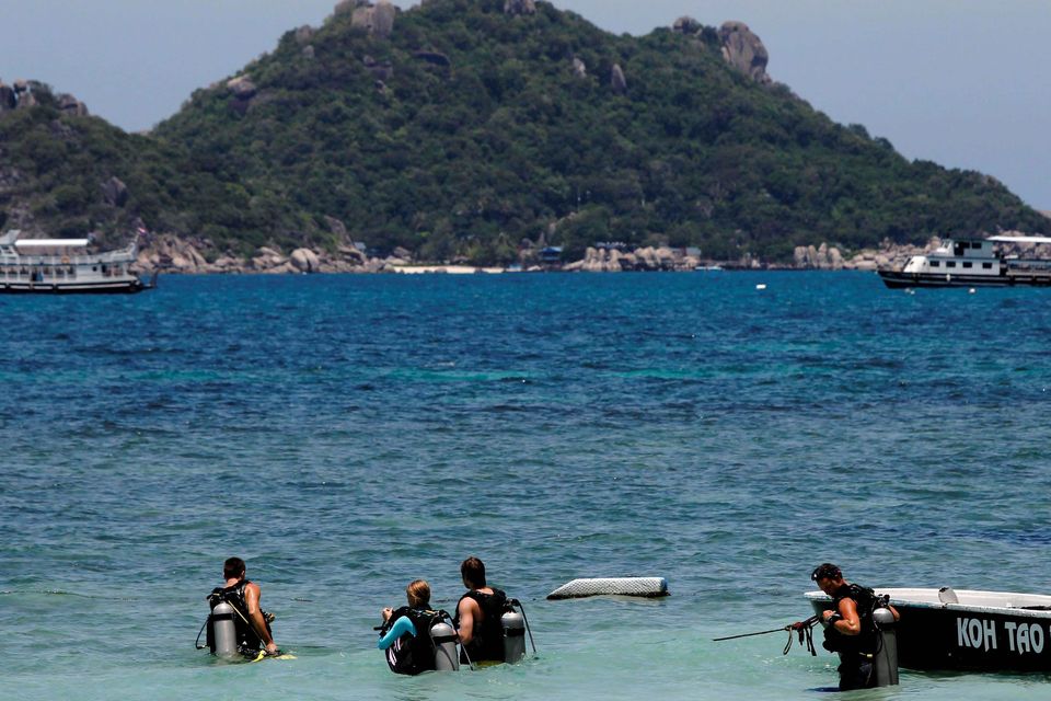 Tourists prepare for a diving on the island of Koh Tao, where two British tourists were killed. The bodies of David Miller and Hannah Witheridge were found early on Monday on the beach on Koh Tao, a southern island known for its coral reefs and diving.    Reuters