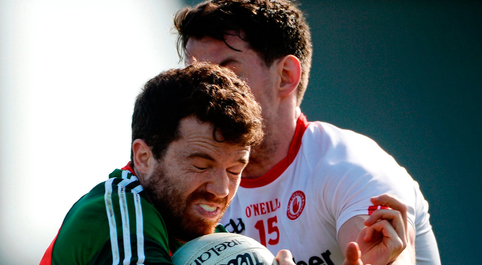 Moyo's Chris Barrett in action against Matthew Donnelly of Tyrone at Healy Park in Omagh. Photo: Oliver McVeigh/Sportsfile