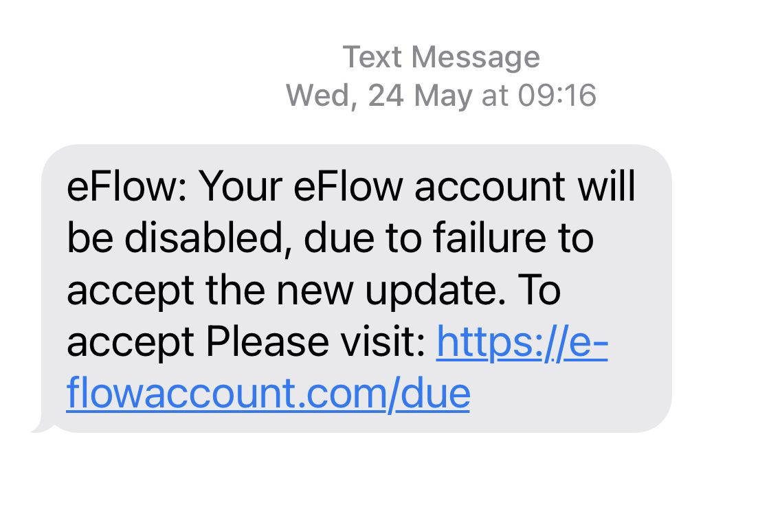 eFlow cautions users against the newest text scam