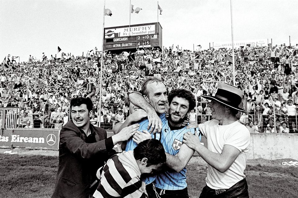 Dublin’s Brian Mullins (left) and team-mate Kieran Duff celebrate after the final whistle of the 1983 All-Ireland SFC semi-final replay victory over Cork at Páirc Uí Chaoimh. Photo: Sportsfile