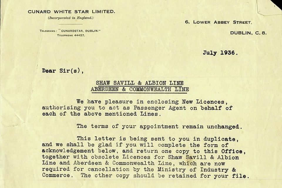 A letter from the Cunard White Star Line in 1936