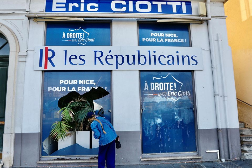 The vandalised office of Eric Ciotti in Nice. Photo: Eric Gaillard/Reuters