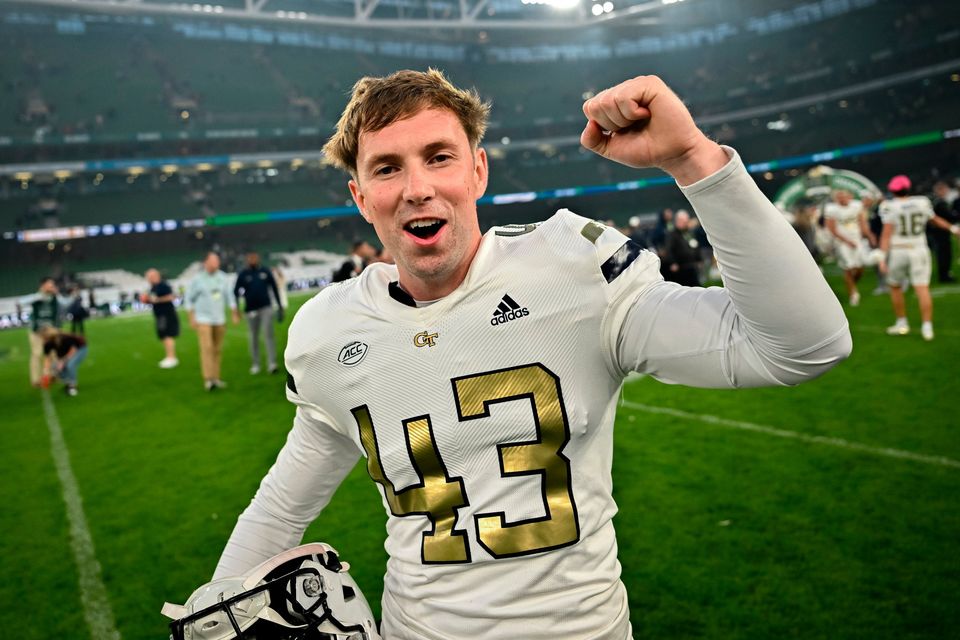 24 August 2024; Georgia Tech Yellow Jackets punter David Shanahan celebrates after the 2024 Aer Lingus College Football Classic match between Florida State and Georgia Tech at Aviva Stadium in Dublin. Photo by David Fitzgerald/Sportsfile 