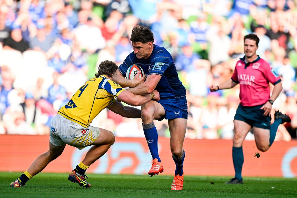 Jordie Barrett of Leinster is tackled by Scott Gregory of Zebre Parma in the lead up to his side's seventh try during the United Rugby Championship match at the Aviva Stadium in Dublin. Photo: Brendan Moran/Sportsfile