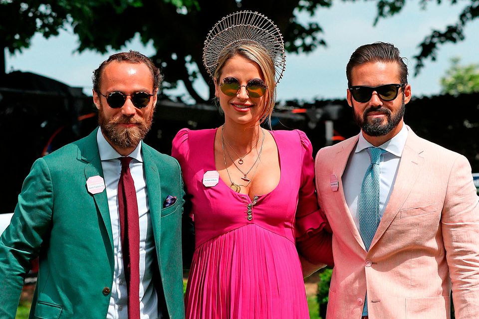 James Middleton, Vogue Williams and Spencer Matthews during ladies day of the 2018 Investec Derby Festival at Epsom Downs Racecourse, Epsom