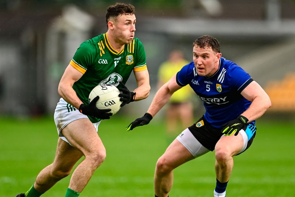 Jordan Morris of Meath in action against Tadhg Morley of Kerry during the All-Ireland SFC round 3 match at Glenisk O'Connor Park in Tullamore, Offaly. Photo: Tom Beary/Sportsfile